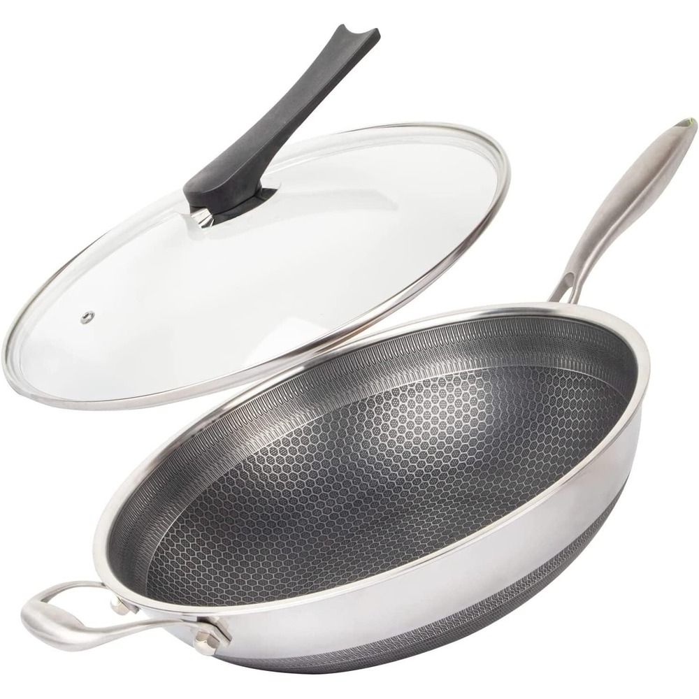 Wok Pan Stainless Steel Honeycomb Stir-fry with Lid 13 Inches, Silver